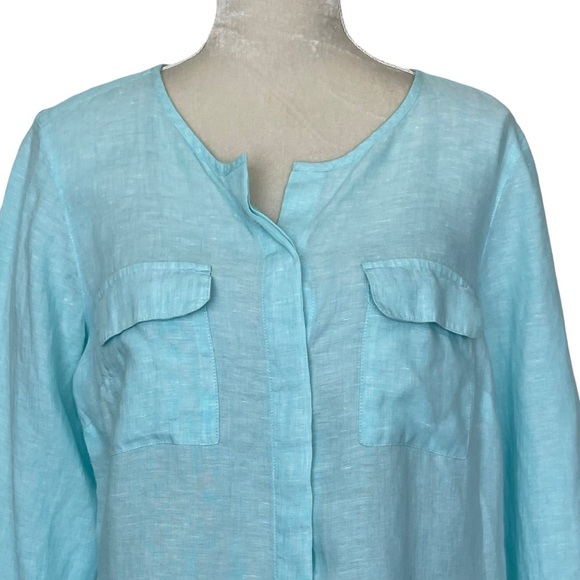 Talbots 100% Linen Top Women’s Size L Chest Pockets Roll Tab Sleeves - Picture 2 of 8